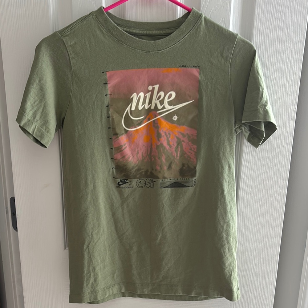 Nike Olive T-Shirt with Pink and Orange Graphic